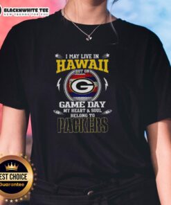 Alt Text: Green Bay Packers ladies tee featuring 'I may live in Hawaii but on game day my heart belongs to the Packers'
