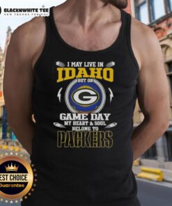 Green Bay Packers tank top with 'I May Live In Idaho But On Game Day My Heart Belongs To Green Bay' design.