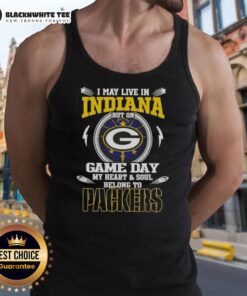 Green Bay Packers tank top with 'I may live in Indiana, but my heart belongs to the Packers' slogan on display.