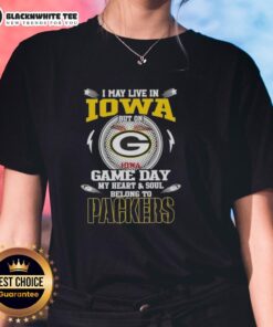 Green Bay Packers ladies tee shirt with 'I may live in Iowa, but my heart belongs to the Packers' design.