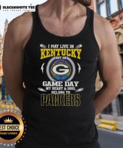 Green Bay Packers tank top with 'I may live in Kentucky, but my heart belongs to the Packers' slogan on display.