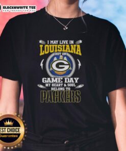 Green Bay Packers ladies tee with 'I may live in Louisiana' slogan, perfect for game day spirit and fandom.