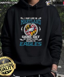 Maryland fan proudly wearing a Philadelphia Eagles hoodie on game day, showcasing team spirit and loyalty.