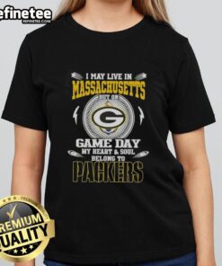 Green Bay Packers ladies tee for game day, showcasing pride for the team while living in Massachusetts.