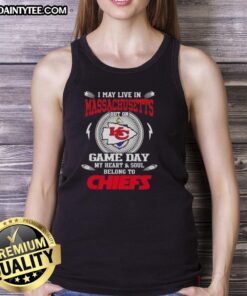 Girl wearing a Kansas City Chiefs tank top, showcasing team spirit while living in Massachusetts on game day.