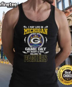 Alt Text: Stylish tank top featuring 'My heart and soul belongs to Green Bay Packers' design, perfect for game day in Michigan.