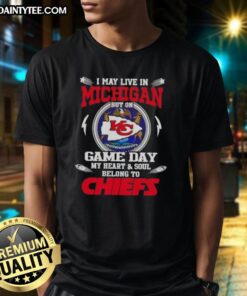 Awesome Kansas City Chiefs football T-shirt, perfect for fans living in Michigan on game day, showcasing team spirit.