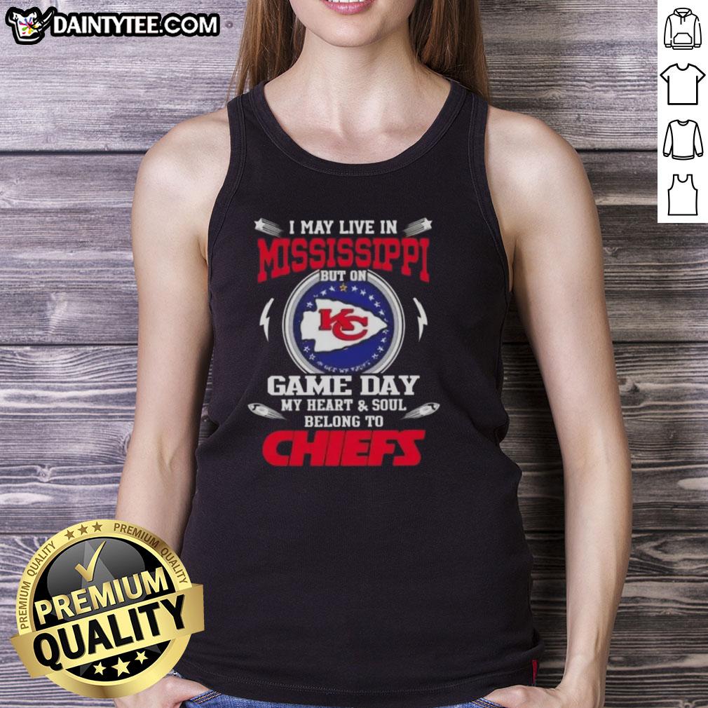 awesome-i-may-live-in-mississippi-but-on-game-day-my-heart-and-soul-belongs-to-kansas-city-chiefs-tank-top Alt Text: Woman wearing Kansas City Chiefs tank top, showing team spirit despite living in Mississippi on game day.