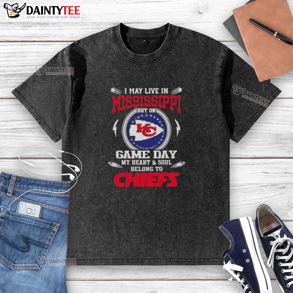 awesome-i-may-live-in-mississippi-but-on-game-day-my-heart-and-soul-belongs-to-kansas-city-chiefs-washed-t-shirt Washed t-shirt featuring Kansas City Chiefs logo, perfect for Game Day, celebrating Mississippi fan pride.