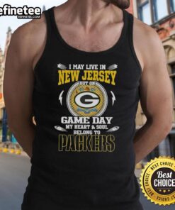 Womens tank top featuring 'I May Live In New Jersey But On Game Day My Heart Belongs To Green Bay Packers' design.