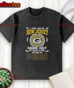 Green Bay Packers washed t-shirt with 'I may live in New Jersey' text, perfect for game day fans showing team spirit.