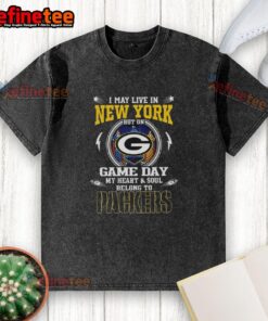 Green Bay Packers washed t-shirt with 'I may live in New York, but my heart belongs to the Packers' design.