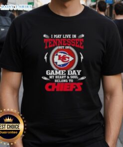 Awesome t-shirt featuring 'I May Live In Tennessee But My Heart Belongs To Kansas City Chiefs' for passionate fans.