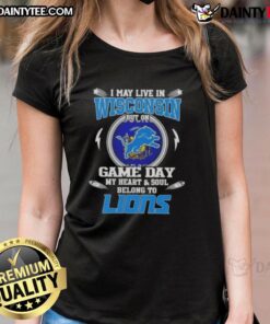 Awesome Detroit Lions football ladies tee, perfect for game day, showing team spirit even from Wisconsin.