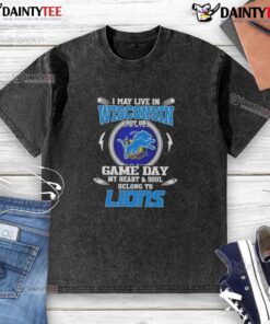 Washed t-shirt featuring 'My heart belongs to Detroit Lions' design, perfect for game day in Wisconsin.