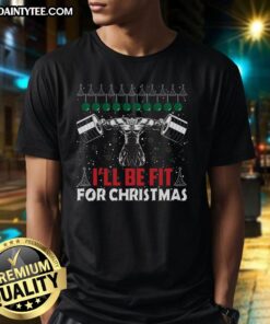 Weight lifting T-shirt with 'I'll Be Fit For Christmas' slogan, perfect for fitness enthusiasts and holiday gym lovers.