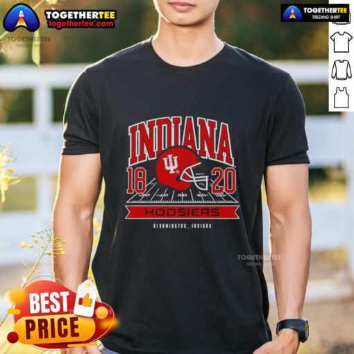 Alt Text: Awesome Indiana Hoosiers All American Football 1820 helmet t-shirt featuring team colors and logo design.