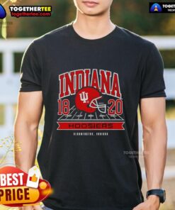 Alt Text: Awesome Indiana Hoosiers All American Football 1820 helmet t-shirt featuring team colors and logo design.