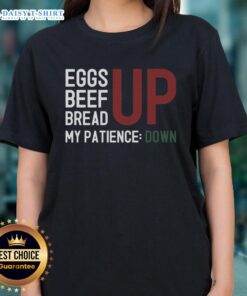 Trendy ladies tee featuring 'Awesome Inflation Frustration' design with eggs, beef, and bread, perfect for casual wear.