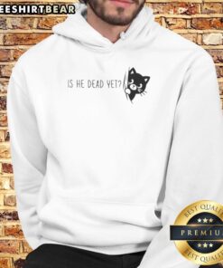 Alt Text: Black cat hoodie featuring the phrase Awesome Is He Dead Yet, perfect for cat lovers and Halloween enthusiasts.