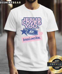 Alt Text: Awesome Jesus Loves You Overbranded T-Shirt featuring a bold graphic design and vibrant colors promoting faith.