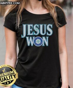 Awesome Jesus Won Seattle Mariners Baseball Logo Ladies Tee featuring a vibrant design for female fans.