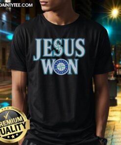 Awesome Jesus Won Seattle Mariners Baseball Logo T-Shirt design featuring vibrant graphics and team colors.