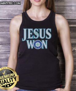 Awesome Jesus Won Seattle Mariners baseball logo tank top featuring a vibrant design for fans and casual wear.