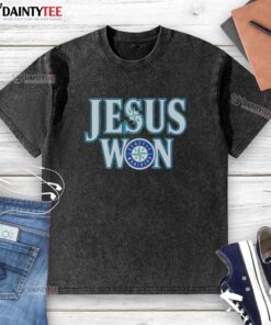 Awesome Jesus Won Seattle Mariners baseball logo on a washed t-shirt, perfect for fans and casual wear.