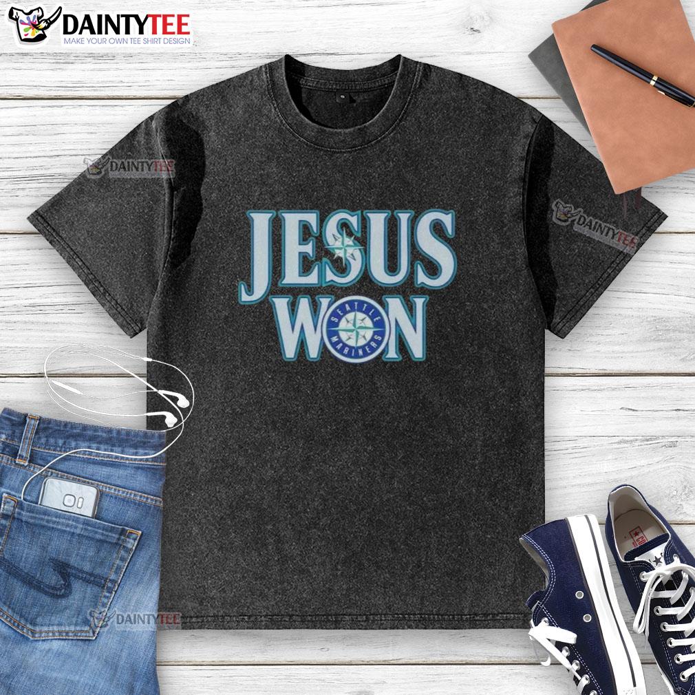 awesome-jesus-won-seattle-mariners-baseball-logo-washed-t-shirt Awesome Jesus Won Seattle Mariners baseball logo on a washed t-shirt, perfect for fans and casual wear.