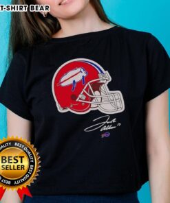 Awesome Josh Allen Buffalo Bills helmet signature ladies tee featuring vibrant graphics and team colors for fans.