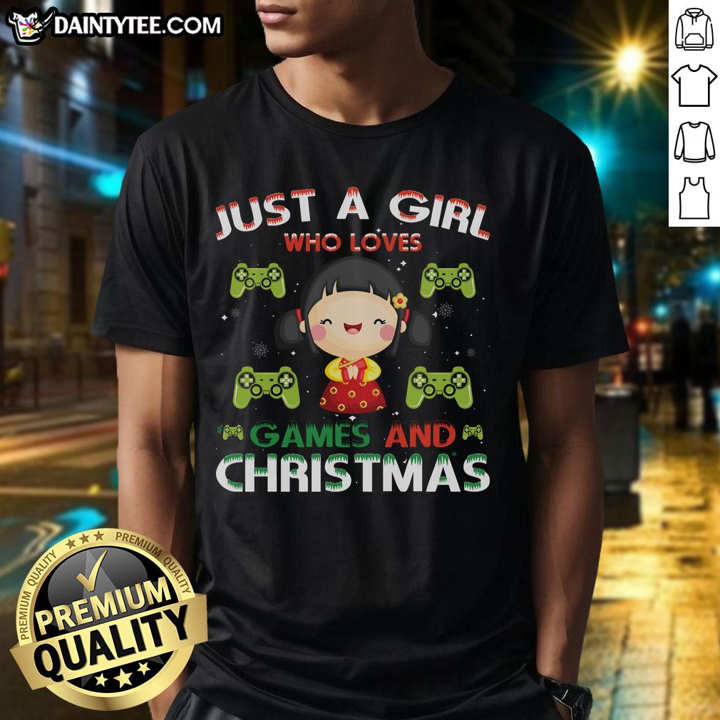 awesome-just-a-girl-who-loves-games-and-christmas-t-shirt Alt Text: Just A Girl Who Loves Games And Christmas T-Shirt featuring festive graphics and playful design for gamers.