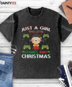 Awesome just a girl who loves games and Christmas washed t-shirt in festive colors, perfect for holiday gaming fun.