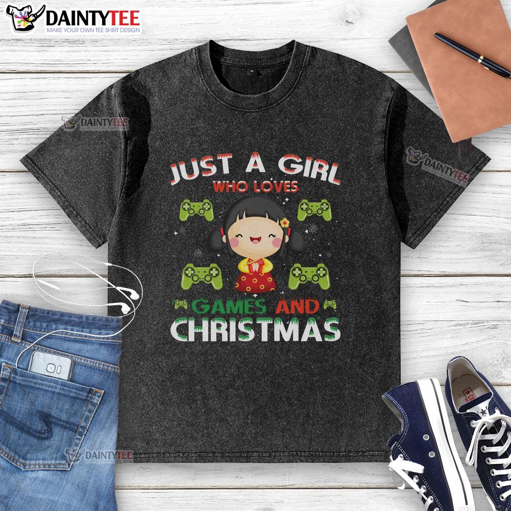 awesome-just-a-girl-who-loves-games-and-christmas-washed-t-shirt Awesome just a girl who loves games and Christmas washed t-shirt in festive colors, perfect for holiday gaming fun.