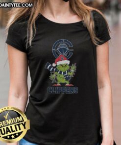 Women's LA Clippers Christmas Grinch Santa Hat Holiday tee for 2025, featuring festive design and team spirit.