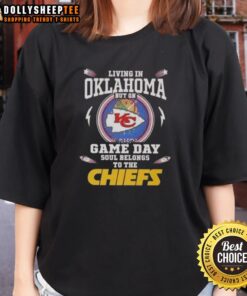 Stylish women's tee featuring 'Game Day Soul Belongs to the Kansas City Chiefs' design, perfect for Oklahoma fans.