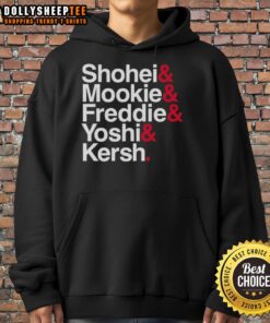 Los Angeles Dodgers hoodie featuring Shohei, Mookie, Freddie, Yoshi, and Kershaw with stars and baseball design.