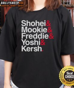 Los Angeles Dodgers baseball tee featuring Shohei, Mookie, Freddie, Yoshi, and Kershaw with stars design.