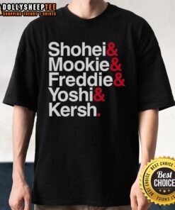 Los Angeles Dodgers baseball t-shirt featuring Shohei, Mookie, Freddie, Yoshi, and Kershaw with stars design.