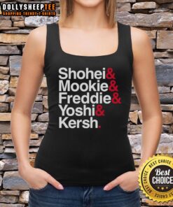 Alt Text: Awesome Los Angeles Dodgers baseball tank top featuring Shohei, Mookie, Freddie, Yoshi, and Kershaw stars design.
