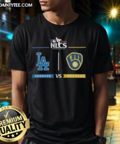 Los Angeles Dodgers vs Milwaukee Brewers 2025 NLCS playoff series matchup t-shirt featuring team logos and vibrant graphics.