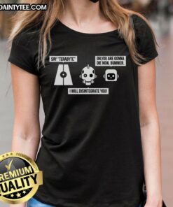 Awesome Love Death and Robots Three Robots Ladies Tee featuring vibrant graphics of three robot characters.