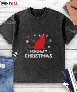 Awesome Meowy Christmas washed t-shirt featuring a festive cat design, perfect for holiday celebrations and cozy wear.