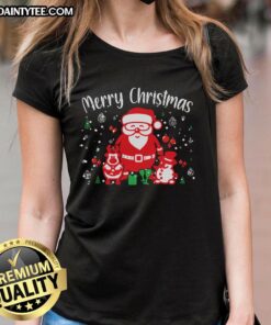 Awesome Merry Christmas Santa Snowman Ladies Tee featuring festive graphics, perfect for holiday celebrations.