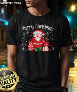 Awesome Merry Christmas Santa Snowman T-Shirt featuring festive design with Santa and a snowman, perfect for holiday cheer.
