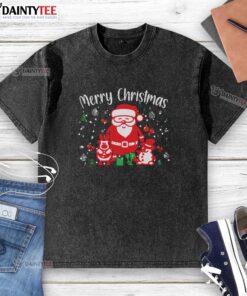 Awesome Merry Christmas Santa Snowman washed t-shirt featuring festive designs for holiday celebrations.
