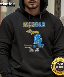 Awesome Michigan Sports Map hoodie showcasing Michigan Wolverines and Detroit Lions for game day excitement.