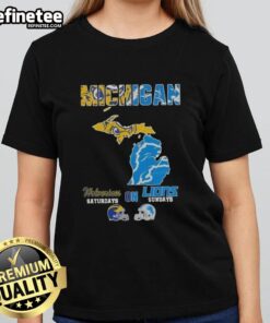 Awesome Michigan Sports Map featuring Michigan Wolverines and Detroit Lions for ladies tee, perfect for game day.