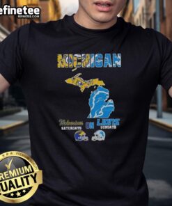 Awesome Michigan Sports Map T-Shirt featuring Michigan Wolverines for Saturdays and Detroit Lions for Sundays.