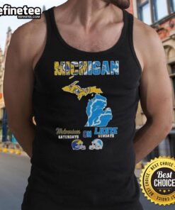 Alt Text: Stylish tank top featuring an awesome Michigan sports map, celebrating Michigan Wolverines and Detroit Lions fandom.